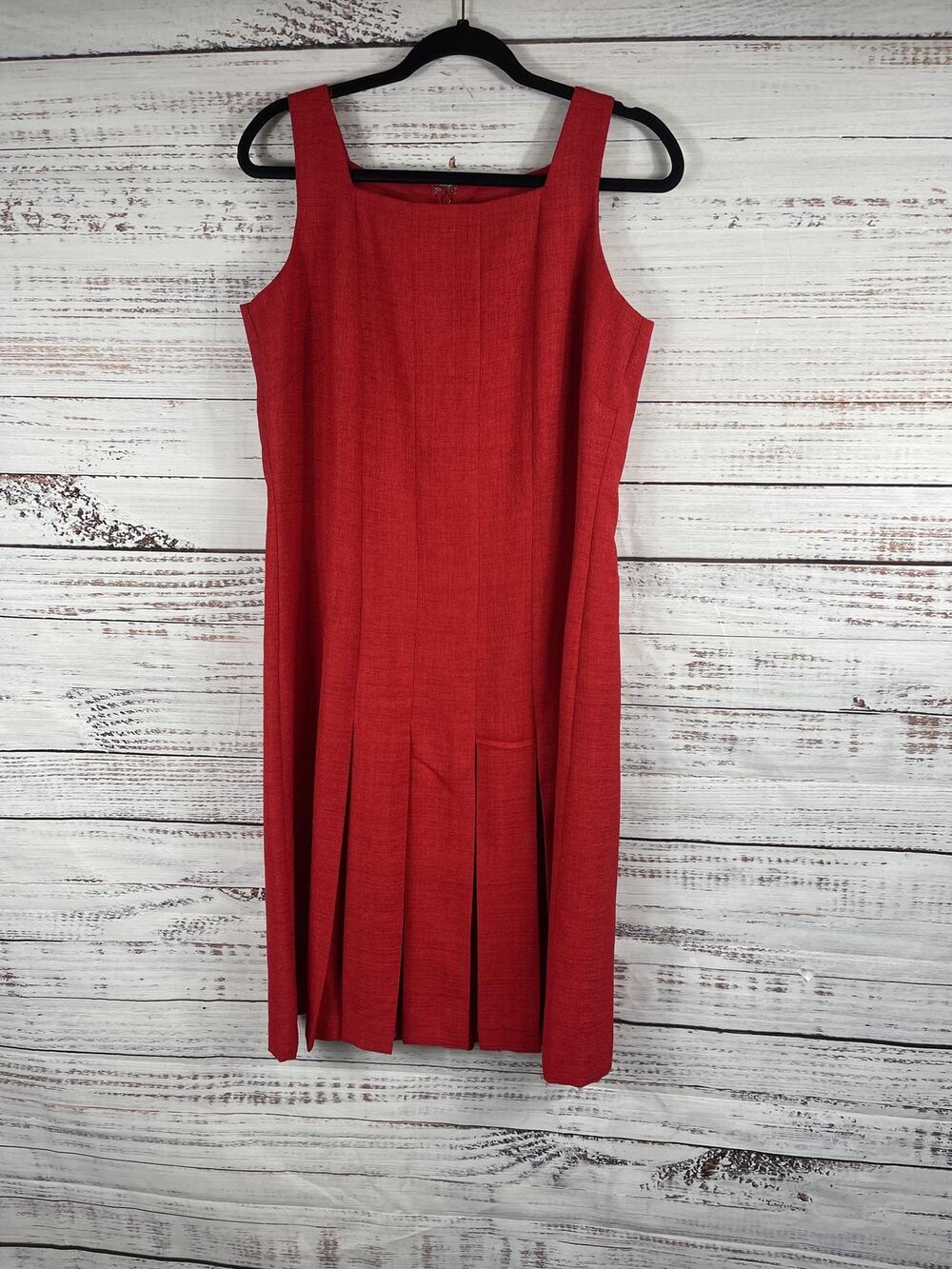 Leslie Fay Dress Women's 12 Red Sleeveless Pleated Skirt Square Neck Polyester